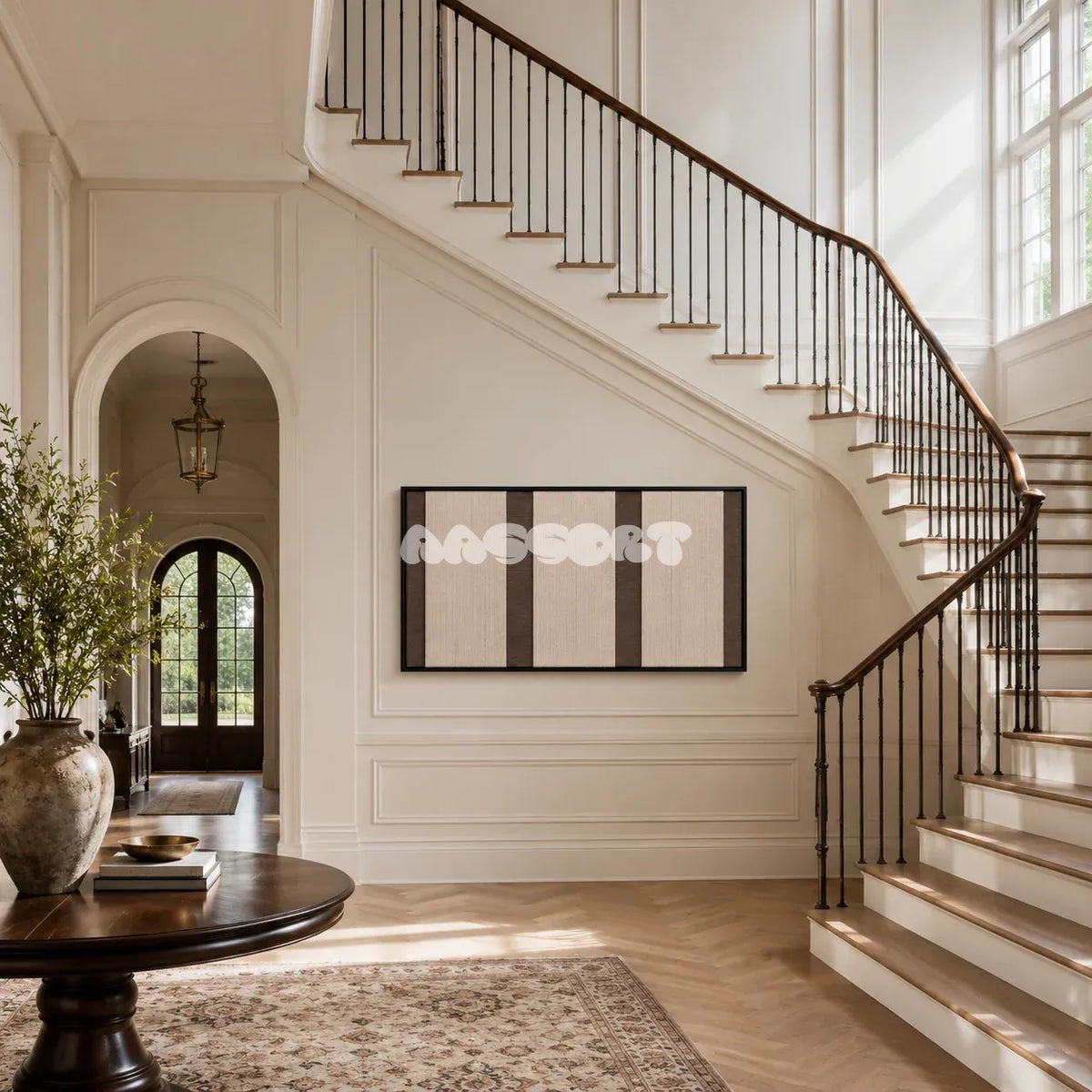 Eternal Colonnade soft cotton cord geometric fiber art displayed in a calm sophisticated living space.