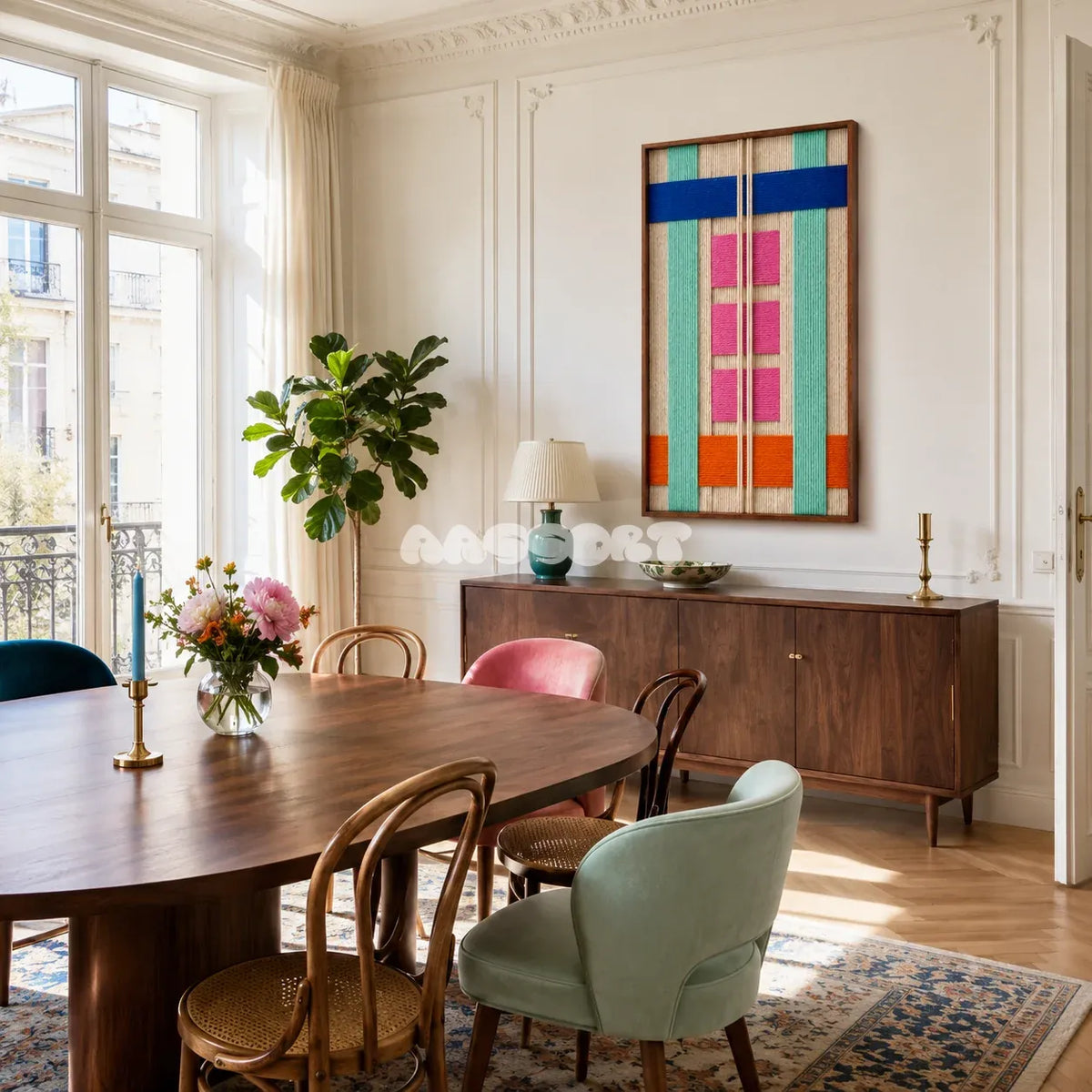 Framed Vegas Strip woven wall hanging with neon pink squares and bold blue, orange, and mint geometry in a modern room.