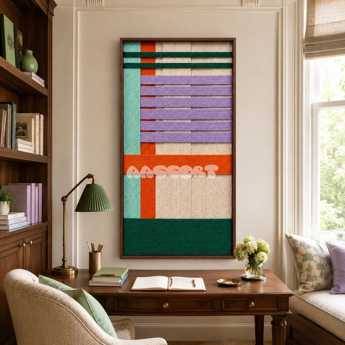 Framed Sedona Twilight woven wall hanging with sunset orange, lavender, green, mint, and cream geometry in a refined room.