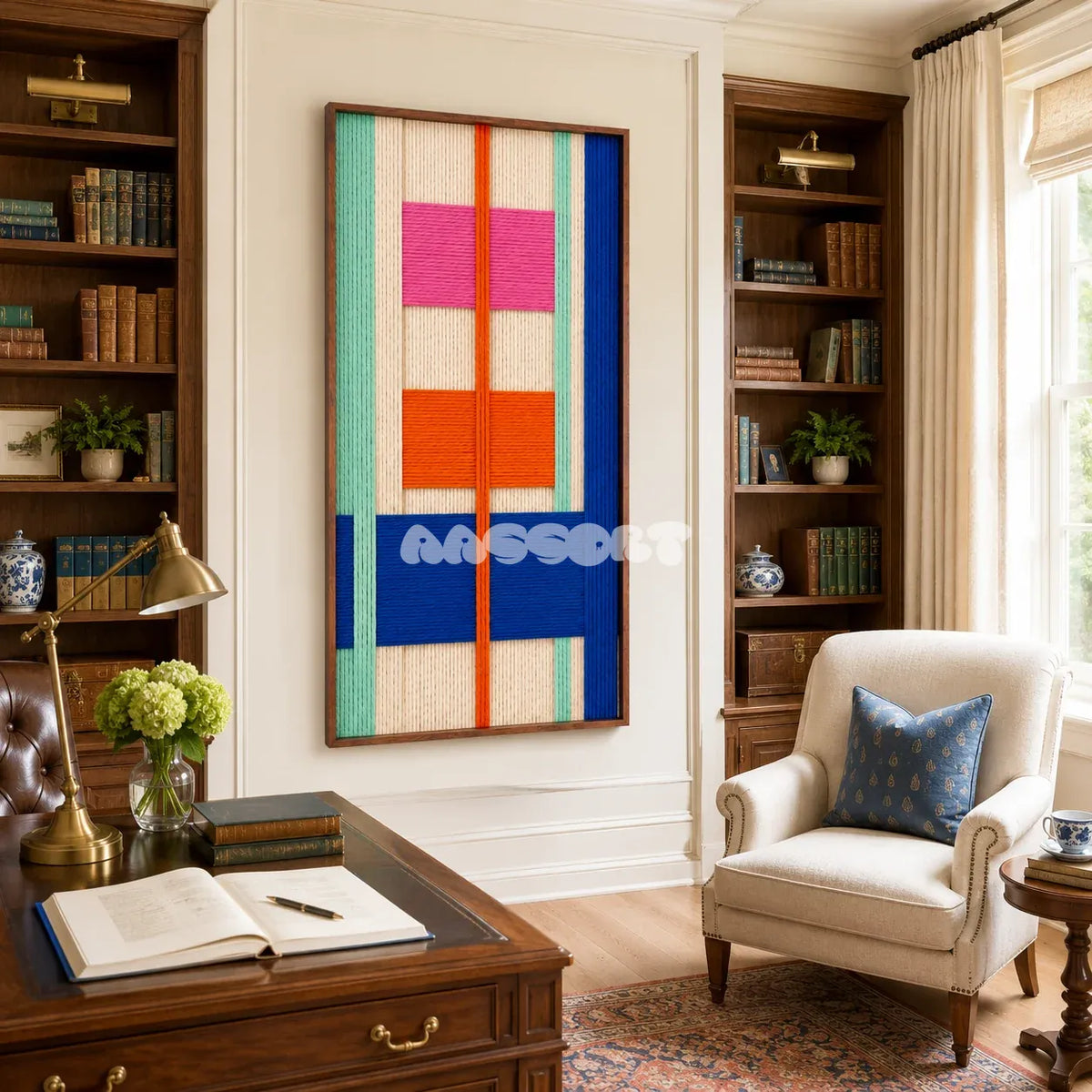 Broadway Blocks tactile yarn wall decor bringing city rhythm and playful color to a modern interior.