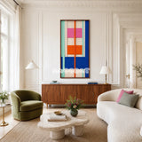 Broadway Blocks soft cotton cord geometric fiber art displayed in a lively contemporary living space.