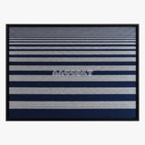 Linear Gradient framed textile wall art, featuring navy blue and light grey horizontal cotton cord stripes graduating from fine to broad bands.