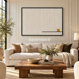 View of Last Note framed textile wall art, featuring ivory vertical cotton cord strands with a thin black line and a small golden ochre accent.