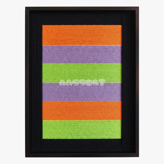 Neon Hymn, framed textile wall art with orange, lavender and lime-green horizontal bands on black.