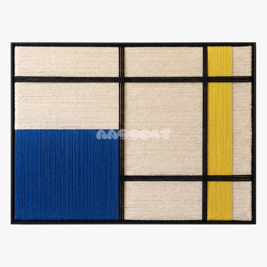 Asymmetric Order, framed textile wall art with a black grid over cream with blue and yellow blocks.