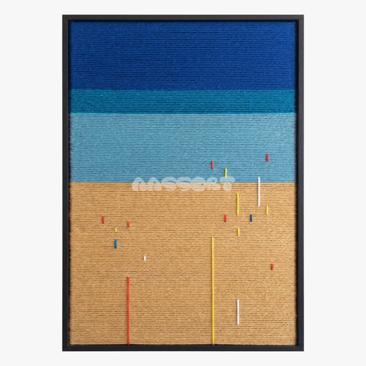 Beach Day, framed textile wall art with deep blue, turquoise and sand-colored bands with small colorful accents.
