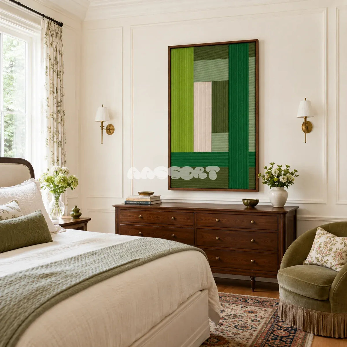 Evergreen Harmony soft cotton cord geometric fiber art displayed in a serene contemporary living space.