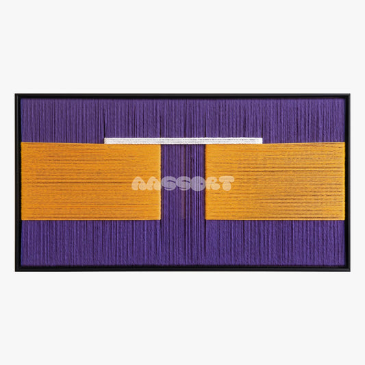 Championship Night, framed textile wall art with golden-yellow blocks on purple with a thin white horizontal line.