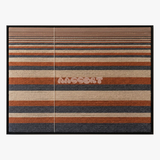 Past Tense, framed textile wall art with rust, cream and charcoal horizontal stripes.
