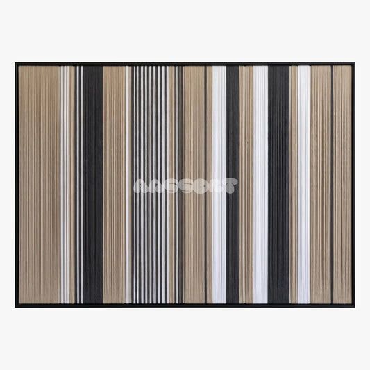 Silent Measure, framed textile wall art with vertical stripes in cream, beige, gray and black.