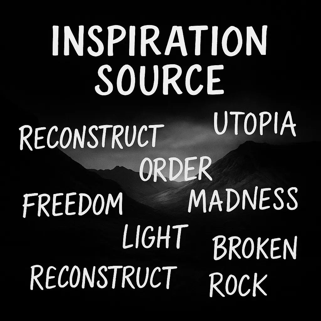Inspiration graphic for Reconstructing the Future featuring an abstract cityscape motif and the quote “Reconstruct order, freedom, and light from broken pieces” to convey its conceptual theme.