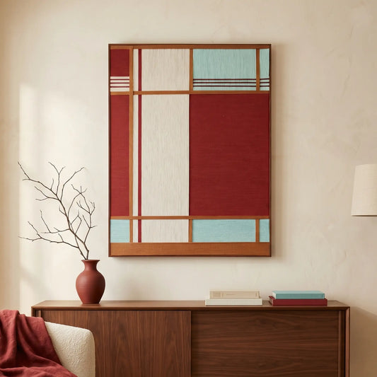 Large vertical hand-woven wool wall art with a bold red, cream, and turquoise geometric grid pattern hanging above a mid-century walnut sideboard.