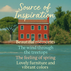 Inspiration graphic for Red House featuring a lakeside red cottage motif and the quote “Beautiful memories, the wind through the treetops, the feeling of spring, lovely furniture and vibrant colors.”