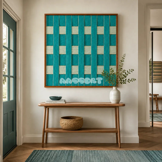 Reef Echoes teal and seafoam textile wall art displayed above a slim wood console in a bright coastal entryway.