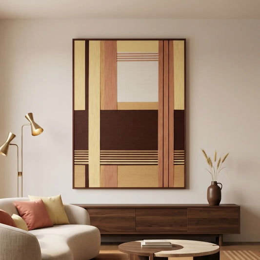 Large-scale hand-woven wool wall art with a sophisticated geometric pattern in mahogany, cream, and ochre hanging above a mid-century walnut sideboard.