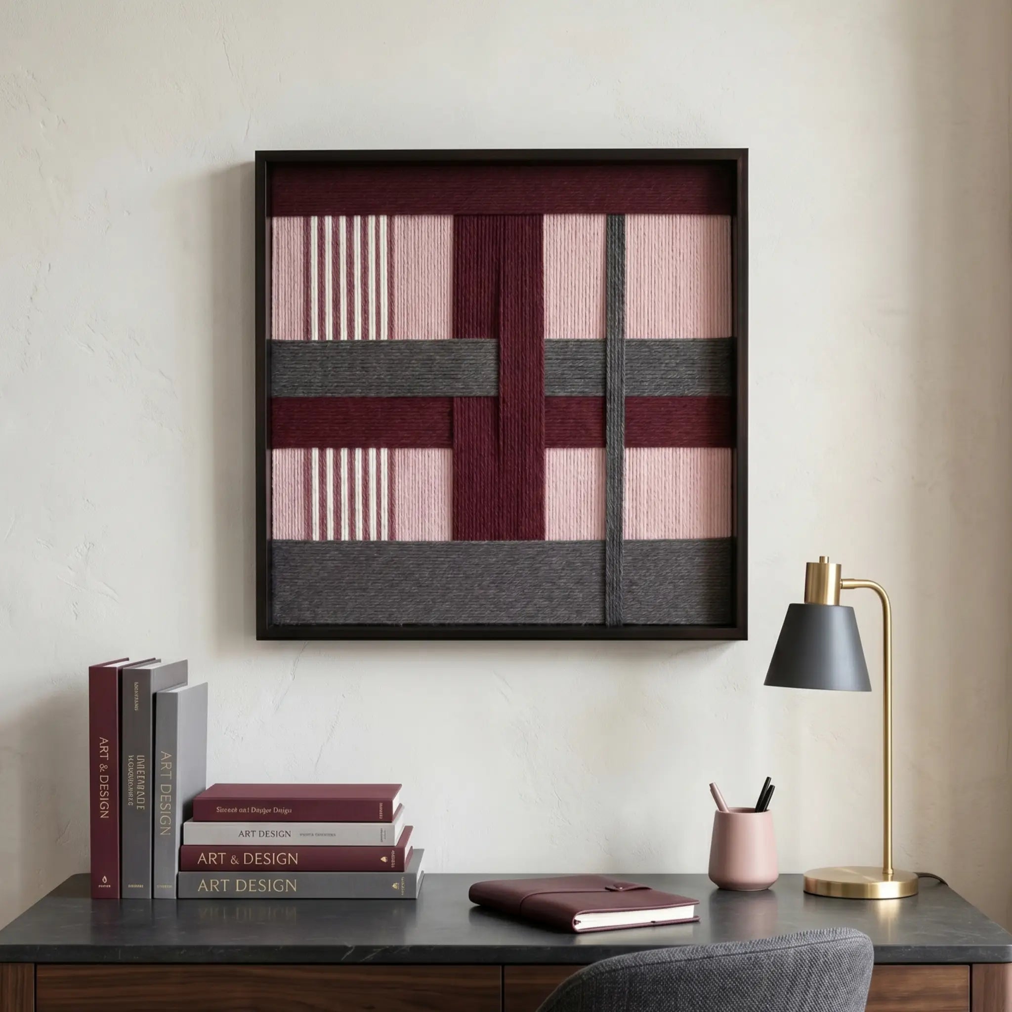 Textured fiber wall art styled in a home office above a dark desk with a brass lamp, adding a tactile element to the workspace.