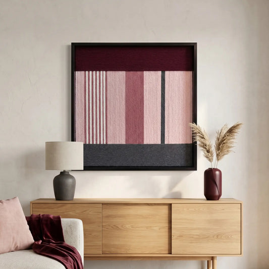 Large hand-woven wool wall art in burgundy and pink tones hanging above a wooden sideboard in a modern living room.