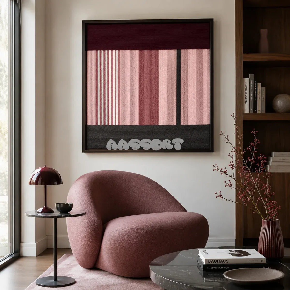 Rosy Pulse dusty rose burgundy and charcoal textile wall art displayed above a sculptural mauve chair in a cozy modern reading corner.