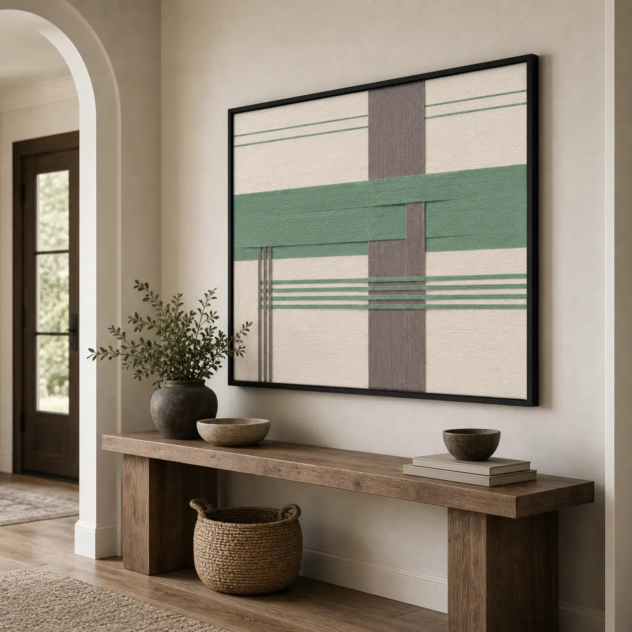 Sage Crossing geometric framed wall art creating a calming focal point in a bright entryway above a rustic wooden console.