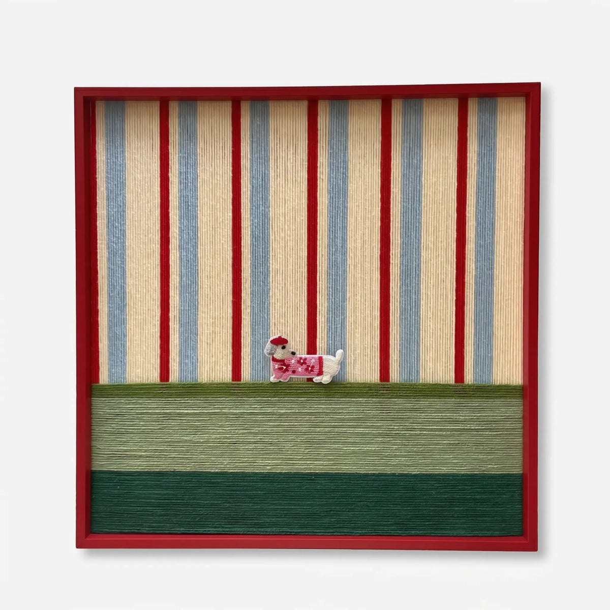 Professional studio shot of the Scarlet Stripe Pup soft cotton cord wall art in a red frame against a white background.