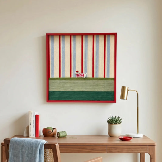 Hand-woven wool wall art with a red frame featuring a puppy motif on blue and cream stripes, hanging above a mid-century walnut desk.