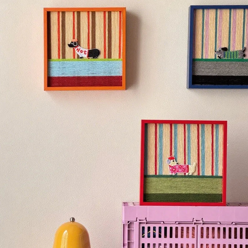 One of the Scarlet Stripe Pup Saunter canvases arranged in a multi-configuration grid, each panel featuring the puppy motif against scarlet and ivory stripes.