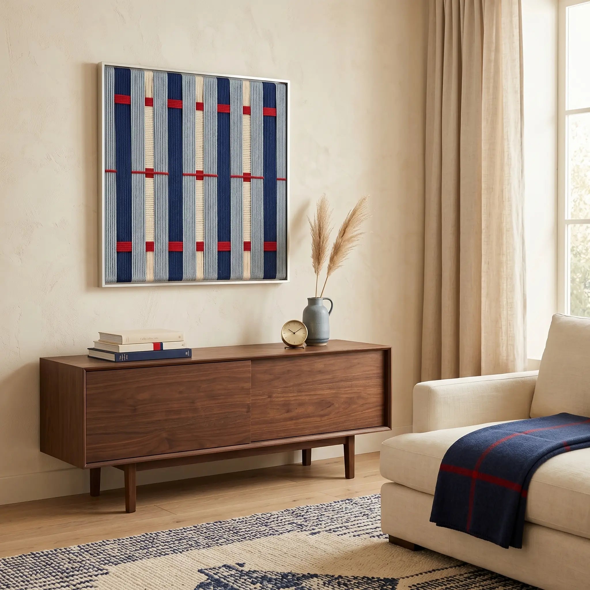 Framed fiber art tapestry with a rhythmic blue and white pattern displayed above a dark walnut cabinet in a sunlit room.