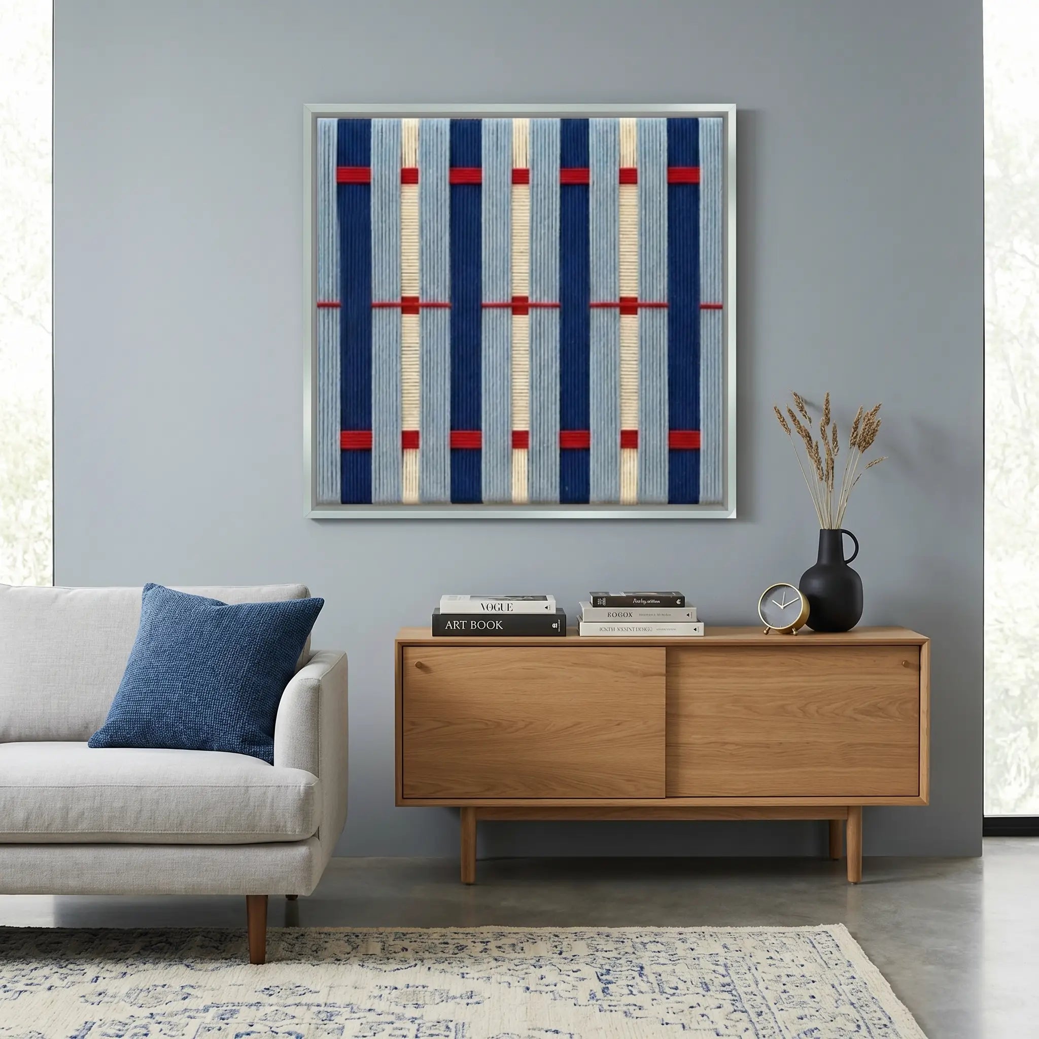 Textured wool wall decor in a silver frame placed above a light oak sideboard, highlighting the vibrant maritime-inspired fiber textures.