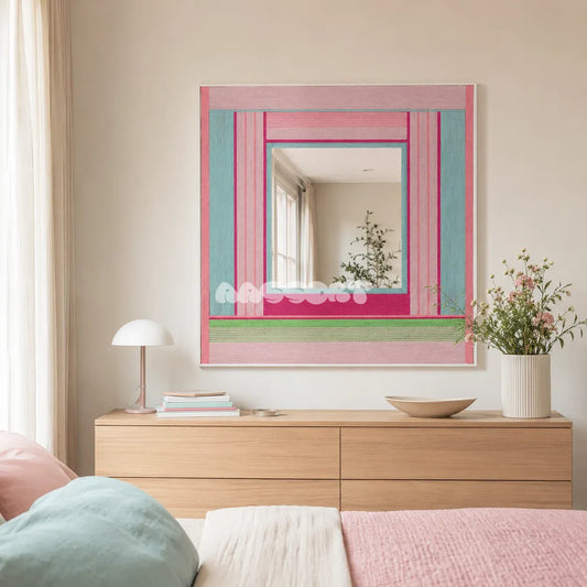 Secret Crush pink, aqua, fuchsia, and green yarn-framed mirror displayed above a pale wood dresser in a pastel modern bedroom.