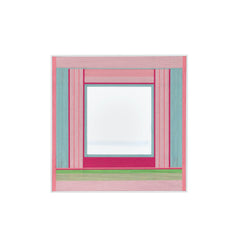 Front view of Secret Crush yarn mirror wall art on a plain white background, showing exact square proportions and clean stripe‑mirror layout.