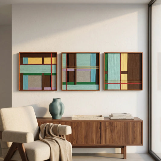 Large three-piece Sedona Red Thread textile wall art set featuring teal, brown, and beige geometric patterns hanging above a mid-century wooden sideboard and cream armchair.