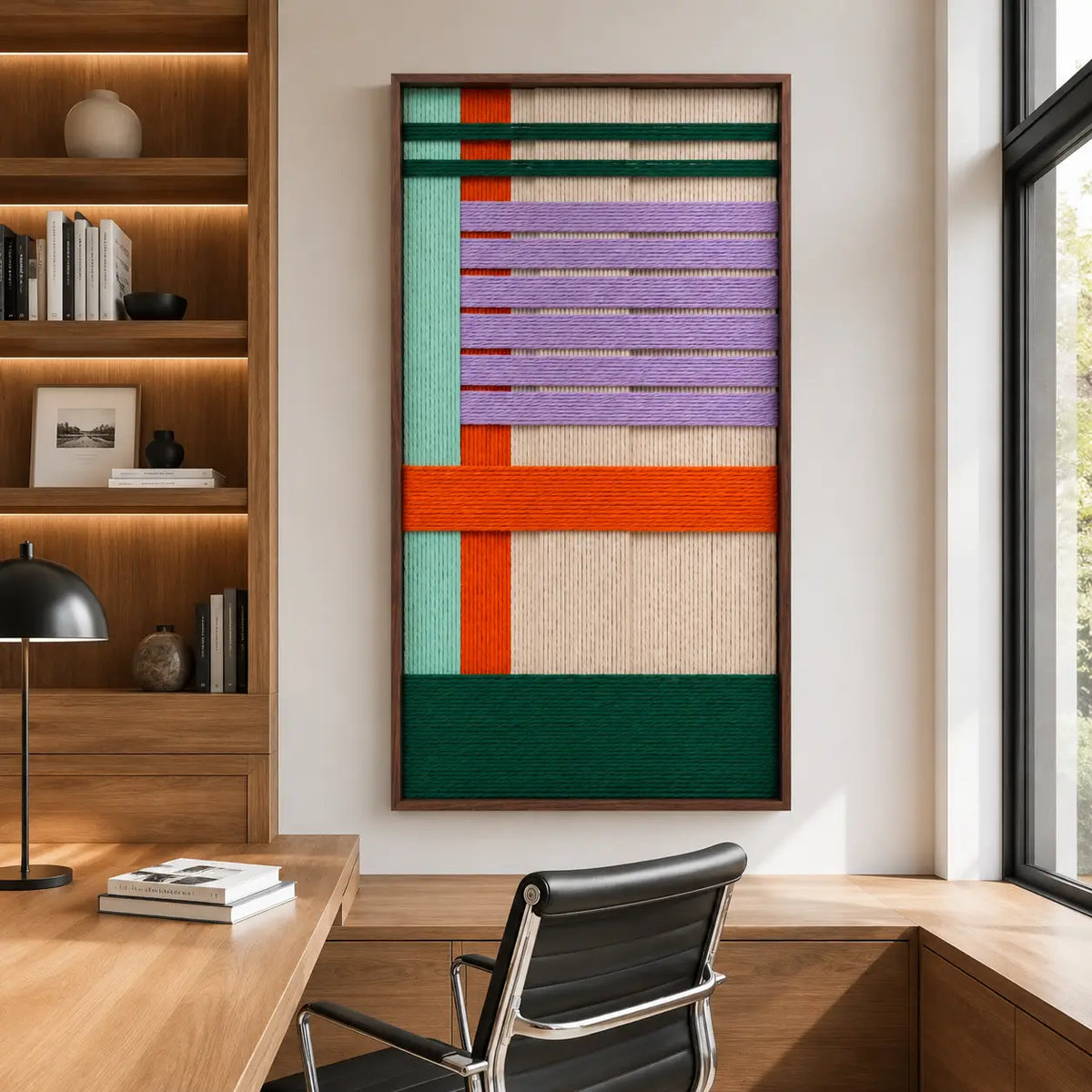 Sedona Twilight framed wall art displayed in a professional home office above a wooden desk and chair setup.