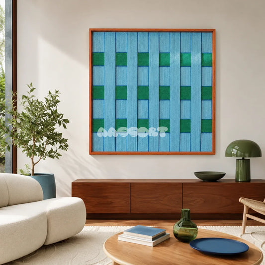 Seine Riverbank blue and green geometric yarn wall art displayed above a wood console in a sunlit modern living room.