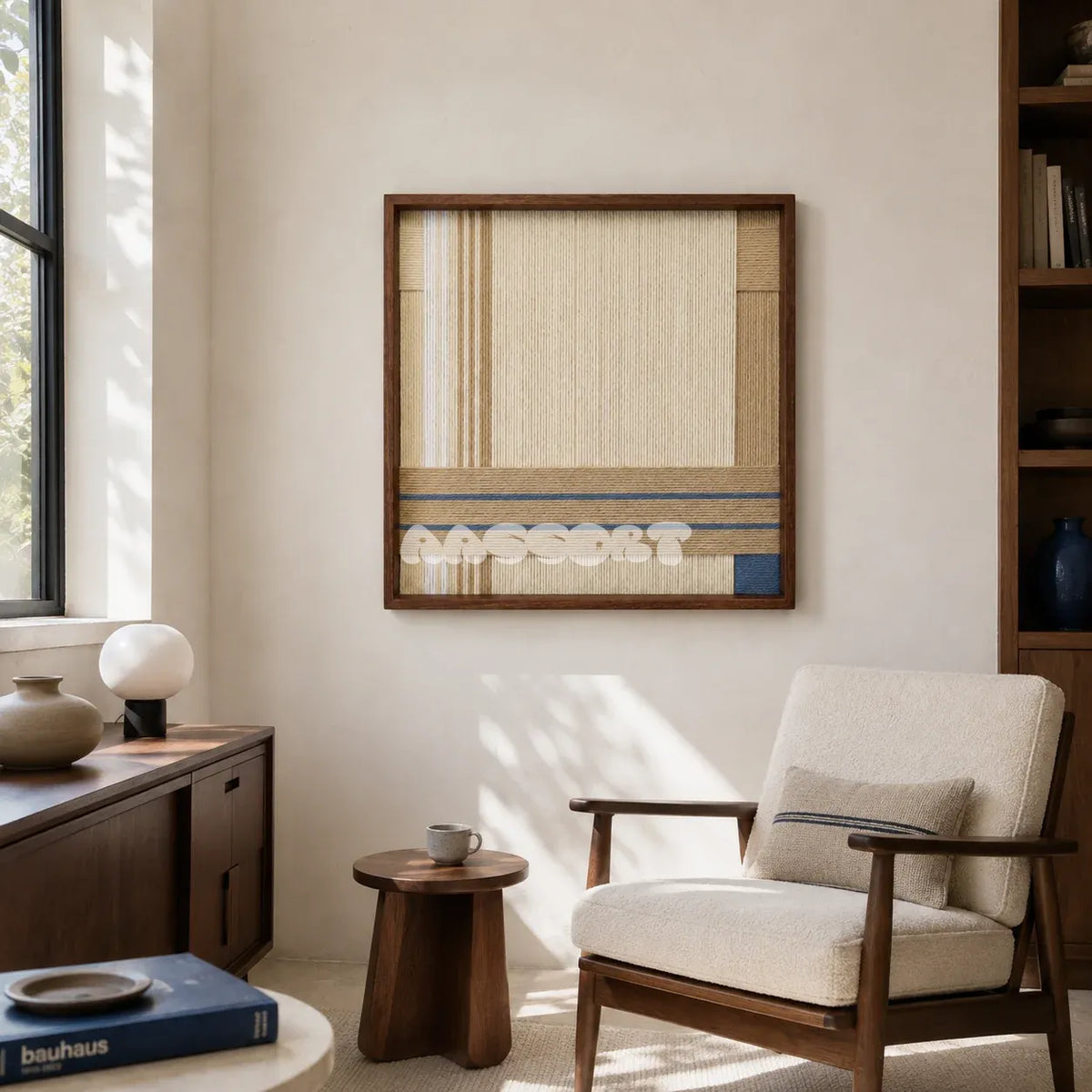 Shadow at 4 PM cream sand and slate blue textile wall art featured above a cream armchair in a sunlit modern reading corner.