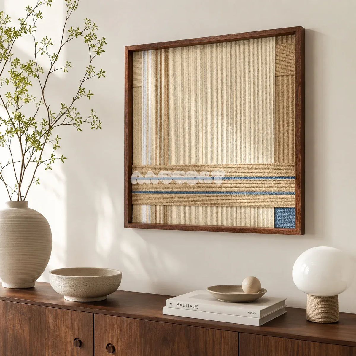 Shadow at 4 PM cream sand and slate blue textile wall art shown from an angled view above a walnut sideboard in a calm minimalist interior.