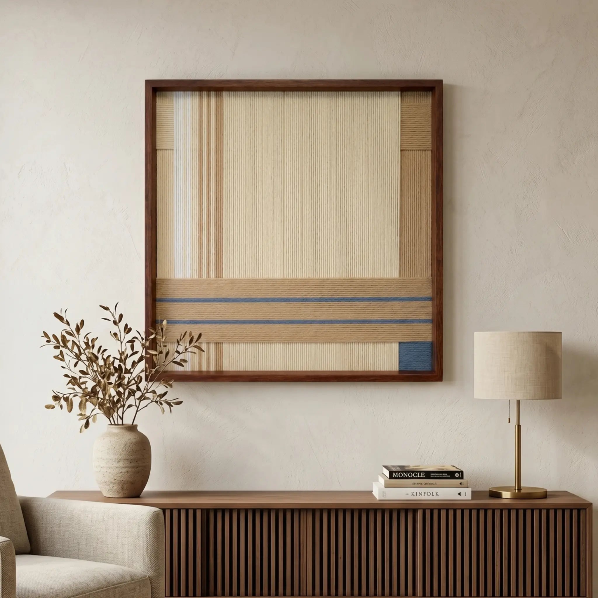 Framed textured fiber wall art hanging in a bright contemporary living room above a dark wood sideboard with a minimalist table lamp.