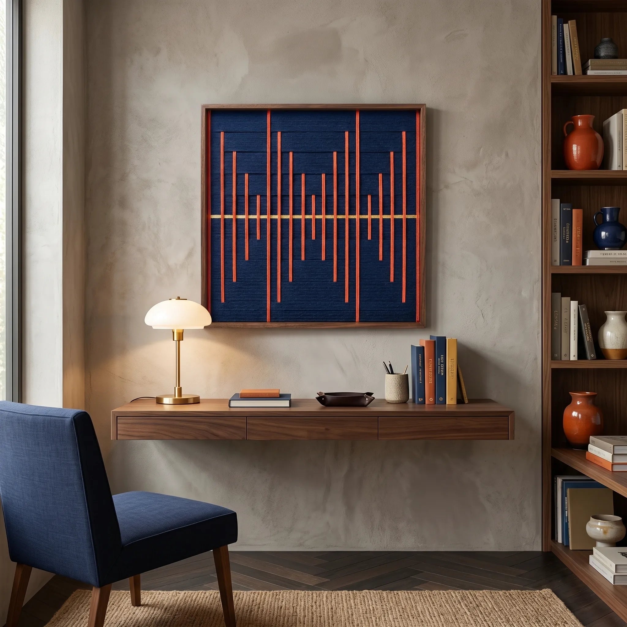 Hand-woven wool wall art with a navy blue base and orange geometric bars displayed above a walnut floating desk in a modern study.