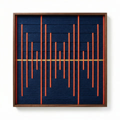 High-resolution front view of the Signal Lost hand-woven wool tapestry in a dark frame, showcasing the intricate texture and vertical bar pattern.