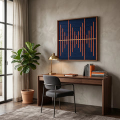 A side perspective of the hand-woven wool wall hanging in a cozy room corner with a potted fiddle leaf fig and natural window light.