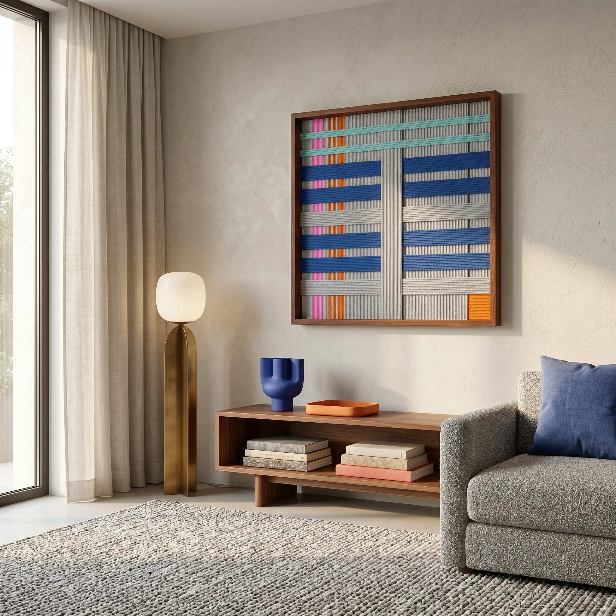 Large square Silent Dopamine fiber wall art featuring blue, grey, and orange geometric hand-woven patterns hanging above a low wooden console in a modern living room.