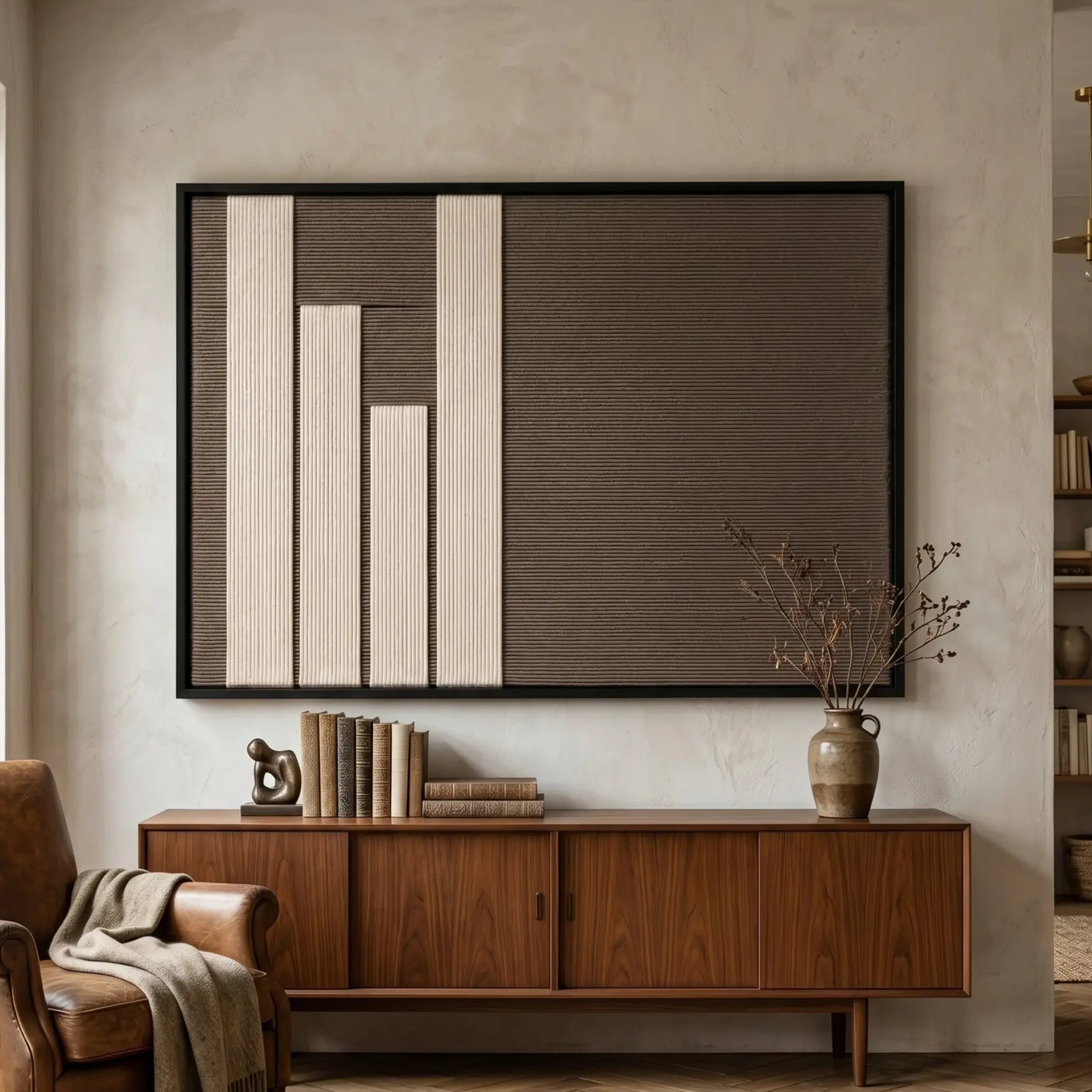 Silent Stelae hand-woven wool art displayed above a dark wood console table, styled with books and vases for a sophisticated interior look.