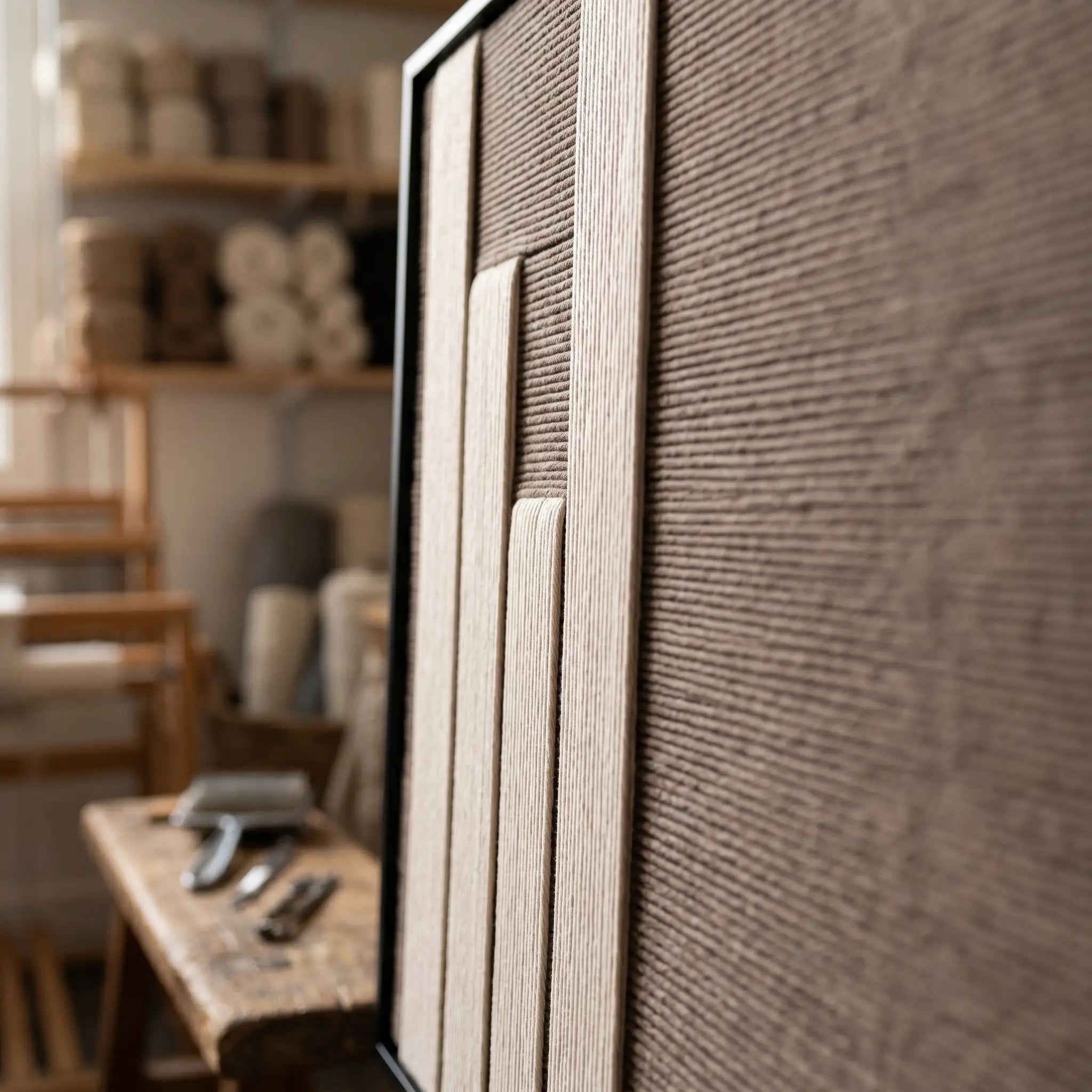 Detailed macro view of the Silent Stelae hand-woven wool tapestry featuring raised cream vertical panels against a textured dark brown background.