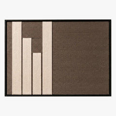 Frontal studio shot of the Silent Stelae rectangular hand-woven wool tapestry, displaying minimalist cream and brown geometric blocks on white background.