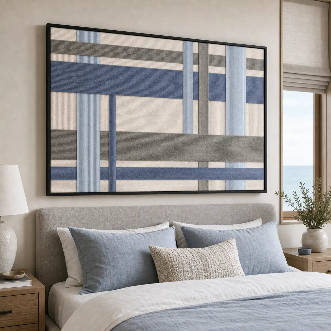 Large framed Slate Harbor wool tapestry hanging elegantly above a neatly styled bed with matching blue bedding in a cozy room.