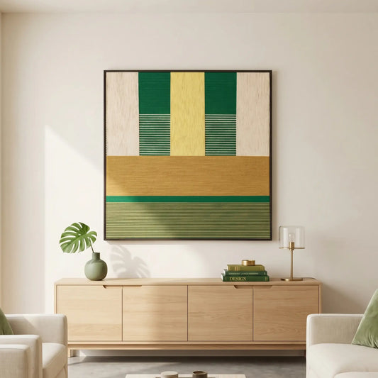 Large square hand-woven wool wall art in a black frame featuring an abstract landscape of a wheat field in forest green, golden yellow, and sage tones, hanging above a light oak sideboard.