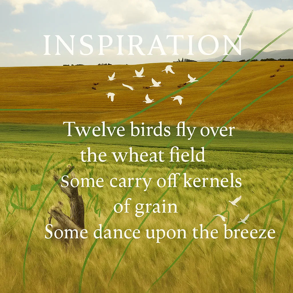 Inspiration graphic for Spring Breeze Wheat Field featuring a wheat field motif and poetic quote “The breeze across the wheat field fills the heart with warmth” illustrating the design concept