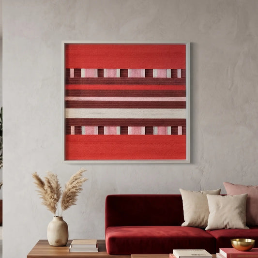 Square hand-woven wool wall art featuring horizontal stripes in shades of red, burgundy, pink, and cream, hanging above a deep red velvet sofa in a modern living room.