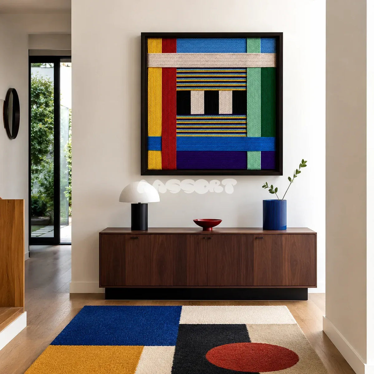 Childhood Old Toys SQ005 colorful geometric soft cotton cord wall art above a walnut console in a bright modern entryway