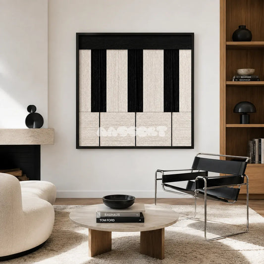 Little Black Piano SQ006 black and white hand-wrapped yarn wall art above a sofa and chrome chair in a bright Bauhaus living room