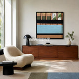 Outside The Window SQ009 blue olive peach and black mixed-media wall art with soft cotton cord and mirror elements above a walnut sideboard beside a cream lounge chair